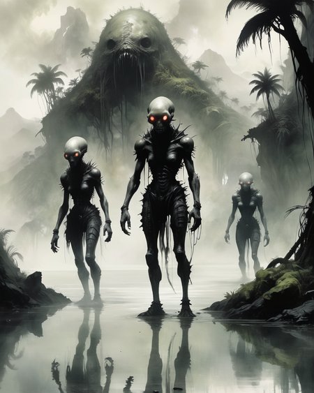Ethereal minimalist Alien race cybergoth, rolling ocean breakers, reflections, lush jungle, mountains, <lora:add-detail-xl:0.75> <lora:xl_more_art-full_v1:0.5>   <lora:Stephen Gammell Style:1> Stephen Gammell Style