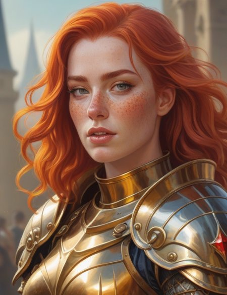 digital painting of a (fantasy art:1.2) of a regal female knight with red hair freckles and  (large breasts:1.2) wearing legendary golden crystal armor, tongue out, amused, looking at viewer, BREAK, arena in the background, vibrant picture, vivid colors,