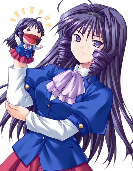 masterpiece, best quality, amazing quality, very aesthetic, absurdres, official art, ultra detailed, game cg, 
1girl, solo, kazamatsuri_ayane, ahoge, drill hair, long hair, drill sidelocks, purple hair, hairband, purple eyes BREAK
blue school uniform, red skirt, pantyhose, 
smile, looking at viewer, standing, hppt,hand puppet, happy aura simple background, white background, upper body, highly detailed <lora:hand_puppet_IL_v1:1><lora:Kazamatsuri Ayane v1.0-000018:1>