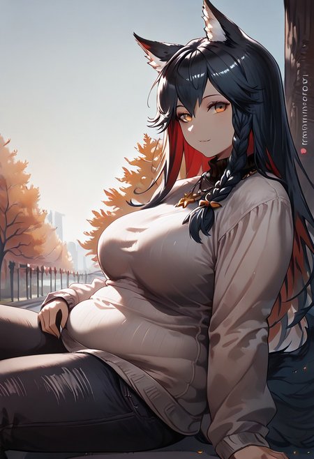 1girl, texas (arknights), female, young, wolf girl, wolf tail, wolf ears, animal ear fluff, amber eyes, multicolored hair, black hair, red inner hair,  slender body, (medium breasts:1.2, round breasts, perfectly shaped breasts), sweater, denim pants, (petite body:1.4), (obese:1.2), happy, looking at viewer, park, laying against a tree, taut clothing, headshot, extremely tight shirt, inviting expression, side view, jeweled necklace, dutch angle, dark eyeliner, autumn colors, cornrow braids, head turned, score_9, score_8_up, score_7_up, (masterpiece, best quality, very aesthetic, ultra detailed), intricate details, beautiful face, detailed eyes, detailed background, granblue_fantasy_style_xl, expressiveh, light from above