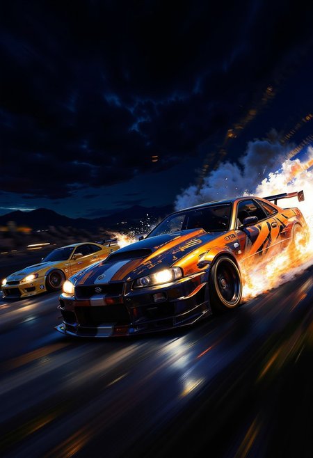 DB4RZ style painting,((nissan skyline T23 :1.3),  (with glowing tires), ), , racing, multiple cars, beautiful scenery flowing at high speeds, cars with sweaty hands and feeling of speed (with glowing tires), midnight, dynamic angle, racing, motion, multiple cars (beautiful scenery flowing at high speeds, cars with sweaty hands and feeling of speed:1.4), detailed textures, high quality, high resolution, high precision, illustration, color correction, proper lighting setup, harmonious composition, work from Behance, <lora:Dieselcore:0.7> d1eselc0re <lora:Glitchcore_Flux:0.4> gl1tchc0re