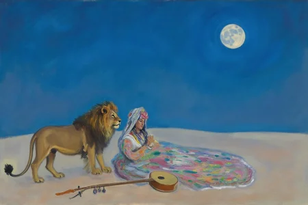 claudemonet1 painting. 
A serene, dreamlike desert landscape under a vast blue night sky. A lion, show in side profile view, is gently observes a sleeping Gypsy woman, who is dressed in vibrant, flowing garments with intricate patterns. She rests peacefully on the sand, beside a simple stringed instrument. The scene is set against a gradient blue sky transitioning from deep blue at the top to a lighter shade at the bottom, with a full moon in the upper right casting a soft, diffused light. 
 <lora:claudemonet1_cap_d8a4e12:1.0><lora:843601044018804575:0>