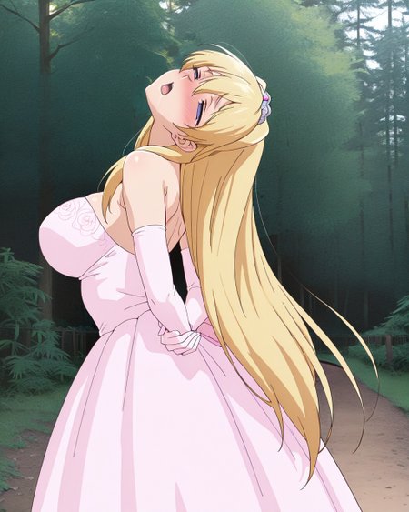 masterpiece, best quality, newest, absurdres, highres, 1girl, solo, <lora:IL\character\Eroge\Janne_Grenoble_Inda_no_Himekishi_Janne_v5.safetensors:1.0>, blonde hair, long hair, blue eyes, very long hair, mature female, pink wedding dress, wedding dress, pink wedding elbow gloves, wedding elbow gloves, standing, arched back, arms behind back, looking at viewer, form side, head tilt, mind control, empty eyes, half-closed eyes, torogao,  nose blush, <lora:IL\background\99coins_japanese_central_forest_illu.safetensors:0.8>, forest, tree, outdoors, nature, plant, grass, path, fence, day, sunlight, sky,