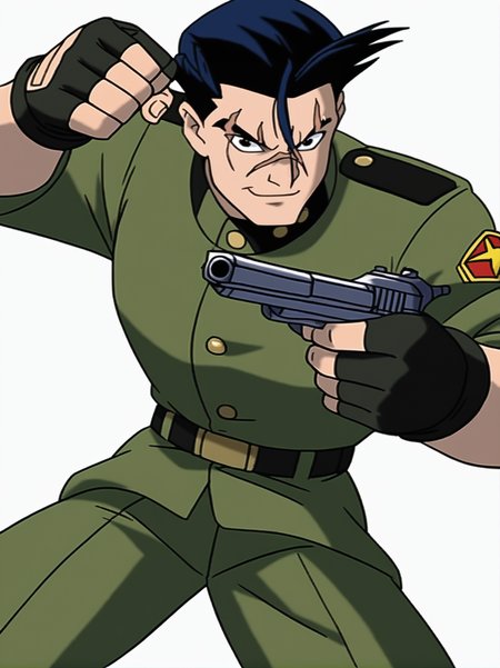 score_9,, 
1boy, balck hair, scar on face, military uniform, gloves, handgun, fighting stance, light smile,
white background, looking at viewer, dynamic pose, cowboy shot, 
XmenEvo, flat color, official style, cartoon style, <lora:AXmenEvolutionXL_Style:1>