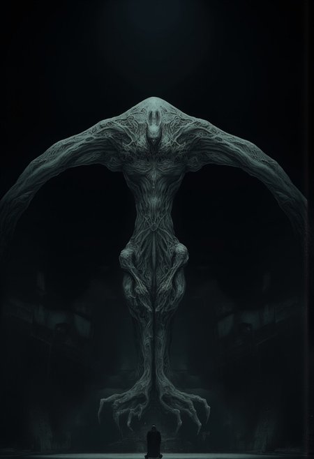 Set against a solid dark black color background to emphasize its unsettling unnatural form that emphasizes its silhouette. The medium is not a traditional painting or illustrative medium like watercolor or ink but rather a digital 3D rendering.
closeup of a man kneeling in front of a Monster Boss resembling an ethereal three-eyed raven
MikeFranchinastyle, d4artstyle, d4concept, , bbstyle,, horror theme,, zbrush, ZBClay model of a gray sculpture, 1990's, 1990's style