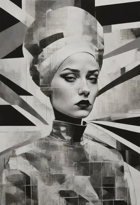 pop surrealism, rough crosshatch drawing pop art Lunatic_Portrait of a girl in latex, slick back, low bun, black makeup, sinister expression, intense glare, avant-garde, abstract, weird, geometric, constructivism, suprematism, rayonism, verticism, lineism, tj
