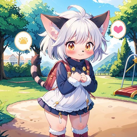 uploaded on e621, source_furry, rating_safe,moe, cute, score_10, score_9_up, score_8_up, score_7_up, score_6_up, absurdres, sharp, ((heart speech bubble)),
((ultra-detailed)), ((best quality)), ((best quality)),   ((extremely detailed)),4K, (8K), masterpiece,colorful, best quality, official art, highres, masterpiece, nai3, god light, detailed background, high quality background, Smooth, Anime, Expressiveh,
cute face, perfect anatomy,beautiful eyes, cute eyes, detailed skin, perfect hands, perfect face, front view, 
BREAK,
park,playground,
smile,ull Body, Romantic, 
(((embarrassed))),standing, 
Furry,((feral,canine)),
 ((solo,1girl,female)),elh, cat ears, body fur,fur trim,  white hair,striped tail,
orange eyes,big eyes,closed mouth,3_fingers,3_toes,belly,slightly chubby,  thick thighs,wide hips,
((clothing,clothed,clothed_feral)),((school uniform)),long shirt, blue shirt,long sleeves, frilled skirt, pink skirt,((socks,boots,red boots)), randoseru,backpack <lora:ElhPDXL:1>