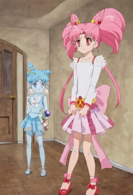 <lora:SMCrystalSDXL-REDO:1>  1girl, anime coloring, blue eyes, closed mouth, crystal movies style, earrings, red eyes, pink hair, hair bun, indoors, jewelry, magical girl, multicolored skirt, necklace, pleated skirt, red bow, short hair, shorts, skirt, twintails, very long hair