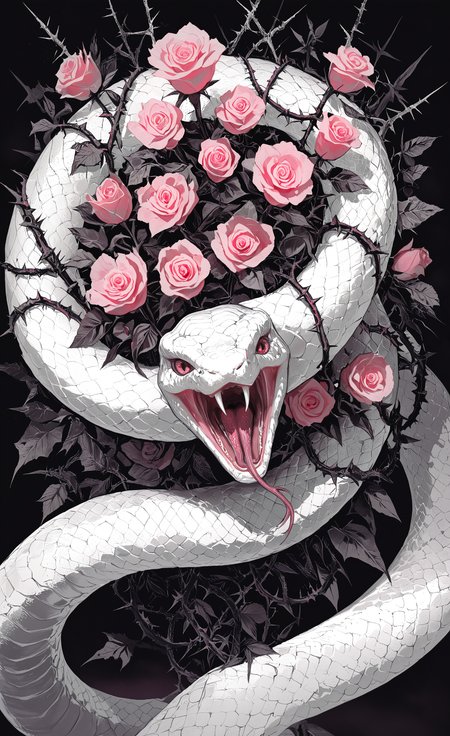 masterpiece, best quality, good quality, very awa, newest, highres, absurdres, solo, looking at viewer, open mouth, flower, no humans, rose, animal, fangs, leaf, plant, pink flower, realistic, snake, scales, animal focus, thorns, forked tongue, white snake, limited palette, <lora:illustriousXL_stabilizer_v1.23:0.3> <lora:NOOB_vp1_detailer_by_volnovik_v1:0.3> <lora:ponyv6_noobE11_2_adamW-000017:0.3> <lora:114558v4df2fsdf5:0.6> <lora:XXX667:0.4> <lora:mon_monmon2133:0.5>