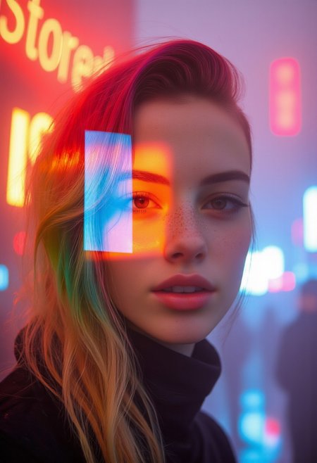 A sensual, close-up portrait of a young woman with slightly tousled rainbow colored medium long hair, one side shaved, brown eyes, her face bathed in the surreal neon glow of a futuristic cityscape. Soft freckles dust her luminous skin, catching the gradient hues of deep pink, glowing orange, and golden yellow that blend seamlessly into the misty, cyberpunk atmosphere. Her eyes shimmer with an enigmatic allure, and her lips curve into a gentle, shy smile—warm yet mysterious. The faint flicker of neon signs reflects in her gaze, adding depth to her expression. A layered, ghostly overlay distorts the edges of her form, lending her an ethereal, almost cybernetic quality—like a beautiful glitch in reality. Wisps of mist curl around her, softening the angular structures of the high-tech metropolis behind her, while floating reflections—perhaps from glass or crystalline surfaces—scatter prismatic highlights across her delicate features. The close-up perspective intensifies the dreamlike atmosphere, capturing a moment where technology, mystery, and quiet desire merge into a hypnotic, otherworldly vision. neon-mist, FictionalTopaz