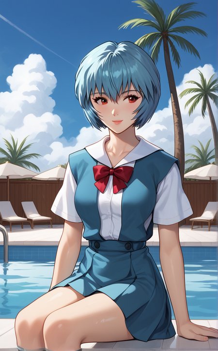 score_9, score_8_up, score_7_up, absurdres, soaking feet, pool, palm tree, outdoors, sitting, water, looking to the side, light smile, day, sidelighting, cloudy sky, partially submerged, cocktail, scenery,  <lora:PONYXL_Eve_ReiAyanami_ownwaifu:1>, BREAK MainOutfit_ReiAyanami_ownwaifu, 1girl, short hair, red eyes, blue hair, bangs, white shirt, red ribbon, short sleeves, neck ribbon, hair between eyes, collarbone, suspender skirt, sailor collar, pale skin, shirt, blue skirt, school uniform, blue dress, red bow, white sailor collar, breasts, collared shirt, eyebrows visible through hair, shiny hair, pinafore dress, red neckwear, vest, bob cut, bowtie, lips, messy hair, puffy sleeves, aqua hair, <lora:add-detail-xl:0.15>,