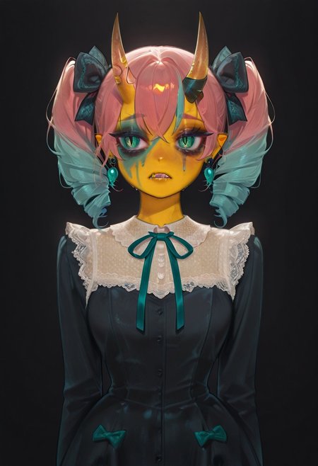 masterpiece, best quality, amazing quality, very aesthetic, high resolution, ultra-detailed, absurdres, 1girl, multicolored hair, pink hair, aqua hair, twin drills, green eyes, colored skin, yellow skin, painted face, ruined makeup, earrings, black dress, bow, ribbon, long sleeves, neck ribbon, lace trim, oni horns, sharp teeth,