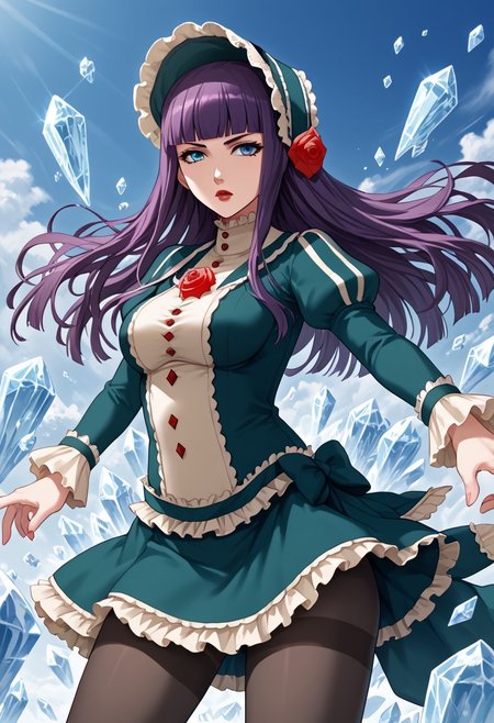 score_9,score_8_up,score_7_up,source_anime,5_figner,2d_animation,game cg,BREAK,1girl,solo,Loretta Lecarde,purple hair,blunt bangs,hime cut,blue eyes,long hair,red lips.lolitafashion,bonnet,pantyhose,red rose,dress,mini skirt,
medium breasts,front view,looking at viewer,serious,
spread arms,ice,crystal,magic,
masterpiece,best qualit,ultra-detailed,illustration,an extremely delicate and beautiful,beautiful detailed eyes,unity 8k wallpaper,high resolution,anime CG,official_art,
