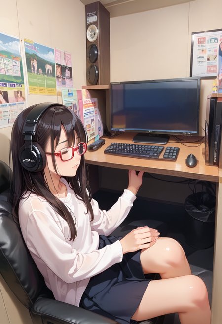 score_9, score_8_up, score_7_up, rating_safe, masterpiece, best quality, absurdres, unity 8k wallpaper, official art, official style, source_anime, uncensored, game cg, megami magazine,
1girl, glasses, solo, 
necafe, scenery, headphones, keyboard (computer), sitting, monitor, black hair, computer, mouse (computer), chair, indoors, desk
<lora:NetCafe_PONY_V1:1>