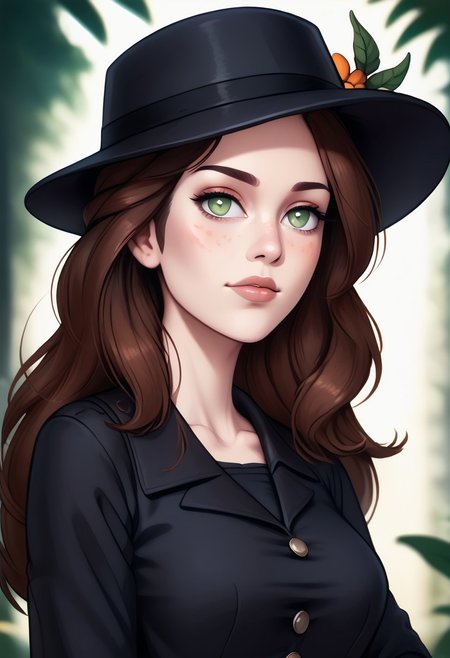 score_9, score_8_up, score_7_up, score_6_up, PRSNL_3_1, uncensored, pupils black dots, lips,
upper body, best quality, masterpiece, 4k, realistic, warm light,
LeafPony, leaf (pokemon), long hair, brown hair, brown eyes,
black headwear, hat flower, black gloves, black dress, buttons, black pantyhose, black footwear, high heels, sparkle,