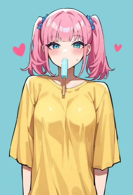 score_9, score_8_up, score_7_up, masterpiece, best quality, 5H33TGH05T, sheet_ghost, 1girl, BREAK 1girl, skinny, natural small breasts, blue eyes, pink candy hair, two pigtails with a wavy green elastic band, makeup, green eye shadow, black long eyes arrows, blush, yellow short t-shirt with pattern of hearts, blue manicure with pink hearts, BREAK sucking popsicle, popsicle in mouth,  BREAK medium shot, blue background