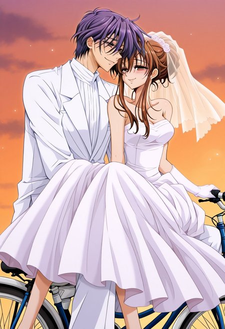 masterpiece, best quality, newest, highres, uncensored, 1girl, yokota mamoru style,1girl, slender face，motion lines,looking at the viewers,torogao,seductive smile,blush
Kudou Chiharu,Brown Hair, Long Hair,brown Eyes, Tareme Eyes,Slim
1girl, 1boy, dress, wedding dress, multiple riders, hetero, couple, veil, ground vehicle, long hair, bride, bridal veil, sunset, sidesaddle, brown hair, retro artstyle, bicycle, purple hair, gloves