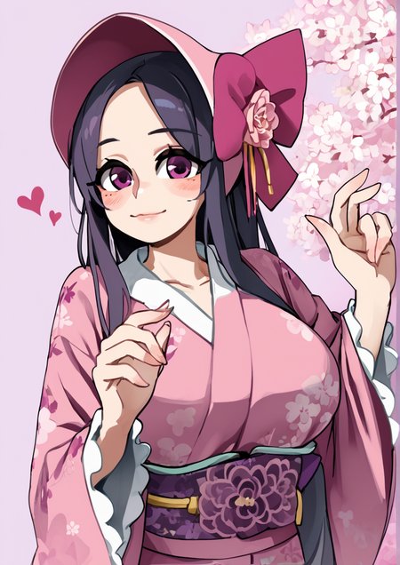 1girl, huge breast, blush, bonnet, bow, brown hair, closed mouth, floral print, frilled sleeves, frills, fur collar, hair bow, hands up, heart, japanese clothes, kimono, long hair, long sleeves, looking at viewer, pink bow, pink headwear, pink kimono, plaid, plaid background, print kimono, purple background, purple bow, purple eyes, signature, smile, solo, steepled fingers, upper body, wide sleeves, zPDXL3, <lora:Bongf_bongfillstudent:0.9>