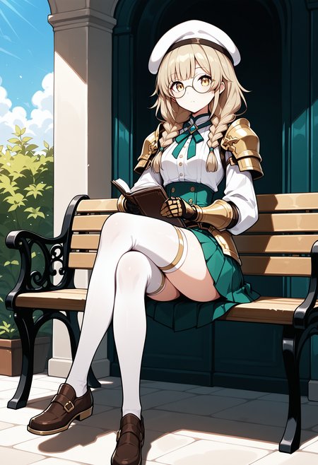<lora:FelminaIL:1>, solo,felminakumodesu, twin braids, hair on shoulder, yellow eyes, round glasses, 
holding, round glasses, white beret, gauntlets, shoulder armor, white shirt, long sleeves, thighhighs, pleated skirt, green skirt, shoes, sitting on bench, parkm sky, crossed legs,
looking at viewer, 
masterpiece,best quality,amazing quality,