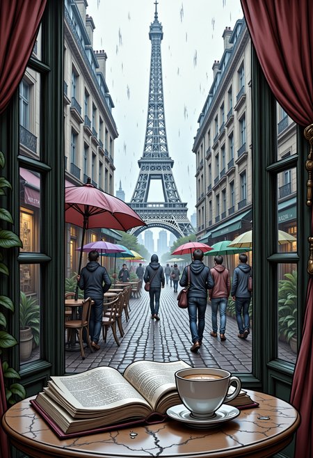 hyp3rd3tail style A cozy cafe corner on a rainy day in Paris. A steaming cup of coffee sits on a round marble table next to an open book. Through the large window, you can see the wet cobblestone street, people hurrying by with colorful umbrellas, and the hazy outline of the Eiffel Tower in the distance
