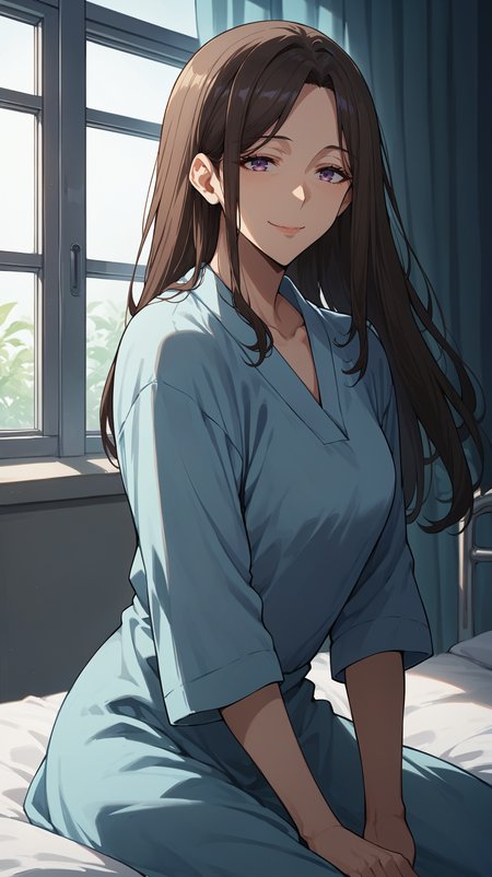score_9,score_8_up,score_7_up,score_6_up, source_anime, woman, sitting in bed, dynamic pose, <lora:Kyung-Hye Park - Pony-000004:0.8>, older, aged up, long hair, brown hair, purple eyes, blue hospital gown, light smile, hospital, large window,