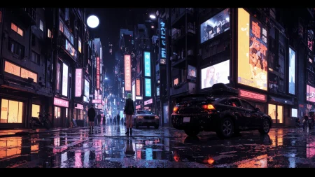 short hair green hair young cyberpunk woman, anime, illustration, cyberpunk, futuristic, extremely detailed, portrait, standing, happy smile, beautiful cyberpunk tokyo buildings landscape, wet floor, windows, car, motorbike, moon in the sky, bright neon lights, screen holograms, kanjis, raytracing, hdr, high contrast, cinematic lights, backlight, reflections, legs, heels, sharp focus, luminous Pastel Blue robot glossy brilliant armor, body lights, body circuits, glossy lipstick, necklace, fan earrings, colorful, retrowave, shadows, vibrant colors, colorful, bright, pretty, beautiful, feminine, sexy, lovely, in love, adorable, fashion, <lora:Hand v2:1> <lora:Anti-Blur:2> <lora:Insane Detail Slider:0.5>  <lora:flux.1_lora_flyway_Epic-detail_v2:0.3><lora:fluxenhancer:0.5> <lora:RetroAnimeFluxV1:0.3> <lora:CPA:0.6> <lora:Luminous_Shadowscape:0.3>  <lora:Neon_Noir_FLUX:0.4> mad-neon-noir  <lora:bv-cybstyenh-v1_rank16_bf16:0.3>