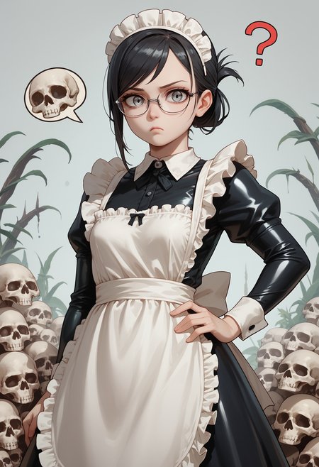 embedding:lazyup7, slimes_skullwm, 1girl, solo, maid, maid headdress, white apron, long dress, latex dress, black hair, folded ponytail, swept bangs, small breasts, gray eyes, glasses, confused, ?,holding a large skull, looking at viewer, hand on hip <lora:Challenge_Winnifier_2025-04:0> <lora:SlimesSkullWM:1>