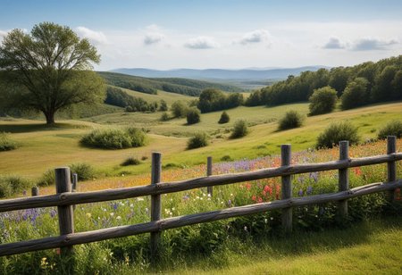 "A rustic wooden fence with a weathered finish, surrounded by colorful wildflowers, set against a backdrop of a serene countryside landscape."