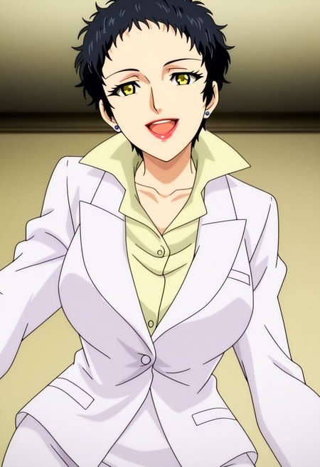 best quality, masterpiece, anime screencap, anime coloring, ultra detailed, source_anime, intricate details, perfect anatomy, looking at viewer,
haskata ren, black hair, short hair, very short hair, yellow eyes,  lips, lipstick, jewelry, earrings, makeup, breasts, large breasts, smile, open mouth, big smile, large smile,
formal, suit, white suit, skirt, pencil skirt, white skirt, shirt, yellow shirt, collared shirt, stand-up collar,
simple background,