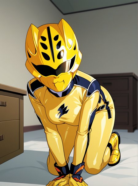 score_9, score_8_up, score_7_up, score_6_up,source_anime, ((anime screencap)),  <lora:GekiYellow:0.8>gekiyellowxl, solo, helmet, 1girl, bodysuit, yellow bodysuit, gloves skin tight,  thick thighs, indoors  mask visor black_visor white_turtleneck  all fours paw_pose, bent over pov