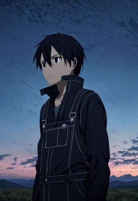 high resolution, professional photography, best quality, 1Boy, Kirigaya Kazuto, Black Hair, Black Eyes, overalldetail, existential longing, ultimate sky