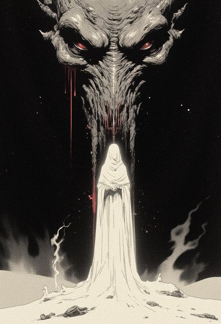 A dark surrealist long-shot illustration inspired by the haunting style of Hieronymus Bosch, showing a woman in a white, flowing robe standing on a flat, white sand landscape. Her robe trails dramatically, its ends floating as if lifted by an invisible force. Subtle, ghostly smoke lingers just above the sand, adding to the eerie atmosphere. Behind her, a pitch-black background reveals only the massive eye of a mythical beast, its gaze unblinking and ominous. The eye, drawn in monochrome, has a single drop of red blood slowly dripping from its left side, creating a stark contrast in the darkness. The scene combines medieval themes and surrealism, with intricate details to bring out the woman’s isolation and the strange, powerful presence of the hidden creature. (drkfnts style, grng3, DNdGr41nyB0yz style )