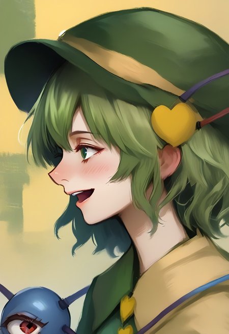 <lora:disco_elysium_v1_pruned:1>, thick outlines, <lora:komeiji_satori_image6571_2023-12-17-000006:1>, painting, painting_\(medium\), painterly, faux traditional media, portrait, artistic, standing in front of window, (mosaic window in background:1.5), side view, profile view, high window, 1girl, solo, touhou, koishi, komeiji koishi, green hair, medium hair, hat, eyes wide open, head lifted, looking at someone, komeiji_koishi, 1girl, third_eye, yellow_shirt, black_hat, green_hair, frilled_sleeves, highres, frilled_shirt_collar, wide_sleeves, hat_bow, green_eyes, green_skirt, heart_of_string, yellow_bow, hat_ribbon,  diamond_button, yellow_ribbon, eyeball, (third eye:1.5), closed third eye, third eye floating, 
happy, very happy, open mouth, laugh,