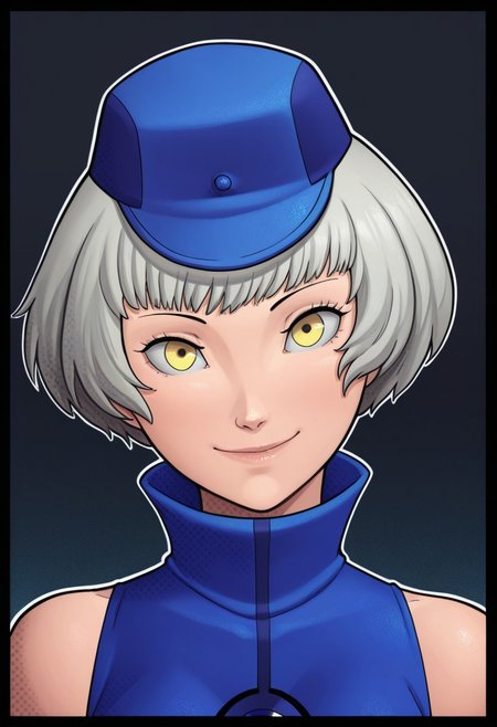 (1girl, solo),
masterpiece, best quality, amazing quality,
black border, gradient background, outline,
rzlln, ((ben-day dots)),
elizabeth \(persona\), sleeveless blue dress, hat, face focus, smile, head tilt,