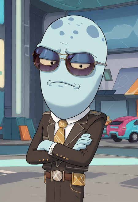 score_9, score_8_up, score_8,   <lora:Yumyulack_Solar_Opposites_for_PonyXL:0.8> 1boy, alien, yumyul4ck, male focus, blue skin, suit, sunglasses, bodyguard, solo, crossed arms, young,