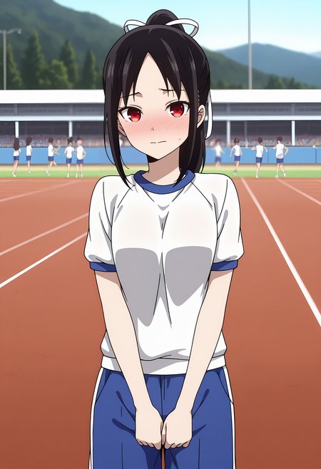 anime screencap, masterpiece, best quality,
<lora:Kaguya-samaWaKokurasetai_ShinomiyaKaguya_IlluXL:0.9>,
1girl, people, closed mouth, nose blush, embarassed,
high ponytail, long ponytail, parted bangs, black hair, red eyes, no pupils, hair ribbon, white ribbon,
gym shirt, white shirt, short sleeves, gym shorts, blue shorts,
standing, looking at viewer, cowboy shot,
track and field, photo background, blurry background