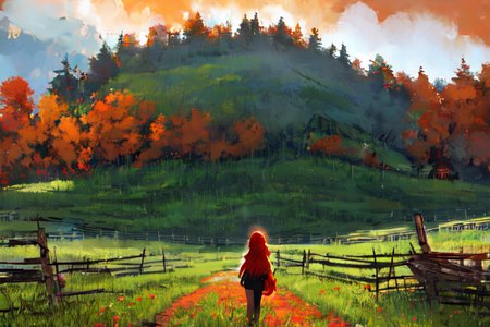 (otherworldly), highly insanely detailed, masterpiece, top quality, best quality, highres, 4k, 8k, RAW photo, (very aesthetic, beautiful and aesthetic), farm, fields, barn, fence, fantfa, <lora:FantasyFarm-10:1>, 
1girl, 
(red hair ), 
(pure orange background,transparent background),âââ