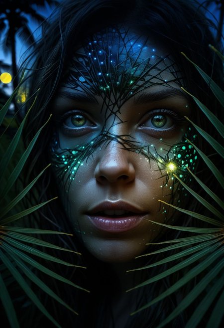 close-up face, mysterious silhouette of a woman, glowing fireflies illuminating her, night time palm trees, goddess, alluring, by Minjae Lee, Carne Griffiths, Emily Kell, Steve McCurry, Geoffroy Thoorens, Aaron Horkey, Jordan Grimmer, Greg Rutkowski, amazing depth, double exposure, surreal, geometric patterns, intricately detailed, bokeh,  perfect balanced, deep fine borders, artistic photorealism , smooth,  great masterwork by Suiras  <lora:add-detail-xl:2>  <lora:Double_Exposure:0.5>