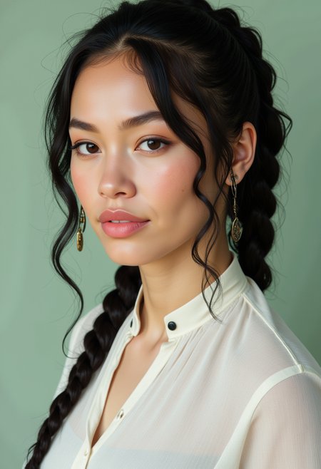 She is approximately 18 years old. Hyperrealism, she is looking at the camera, (dynamic angles), profile headshots of a beautiful, stunning unique female character.  she has dark hair,long hair, braid. her eyes are filled with joy and excitement, extravagant eyelashes. a photo of BGv2, she is wearing a white frilly shirt. The woman is posing confidently. simple sage green colored background. She has a slight smile on her face and is looking directly at the camera. making this image a masterpiece of photography and digital art. realistic. making this image a masterpiece of photography and digital art. Style: realistic hyper-detailed rendering, 32k UHD, expressive eyes, punk, graphic design, girl's face, pretty and cute, gleaming lips, telling a tale of adventure. Exuding confidence and serenity. The overall mood of the image is happy and relaxed,detailed skin texture,(blush:0.2),(goosebumps:0.3),subsurface scattering,whimsical,Detailed hand, Perfect hand. Perfection style.