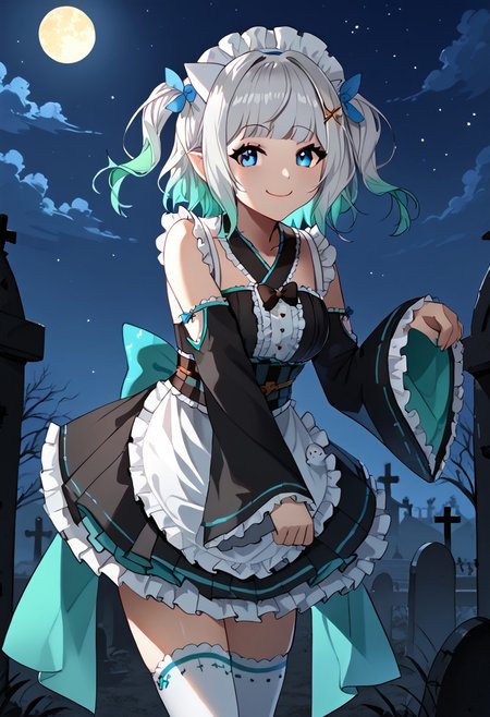 1girl, solo, highres, mint fantome \(frilly\), white hair, gradient hair, blue eyes, maid headdress, cross hair ornament, two side up, wa maid, black kimono, maid apron, checkered sash, frills, white thighhighs, maid headdress, sleeves past fingers, sleeves past wrists, 
leaning forward, smug,
graveyard, moon, moonlight, starry sky, night sky, backlighting,