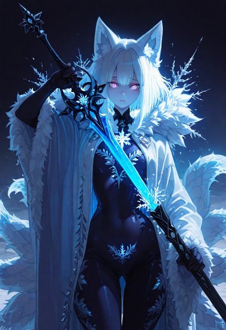 masterpiece, best quality, good quality, newest, highres, absurdres, volumetric lighting, uncensored,
BREAK 
raytracing, volumetric lighting, ambient occlusion, girl, background, masterpiece, best quality, very awa, absurdres, model style, stylist,
BREAK
Youko, animal ears, many tails,
BREAK
(glow in the dark),soft lighting,  (dramatic light, strong lighting:1.2),
1girl,solo,c owboy shot, simple background, dark background, unsheathing, sword, holding, looking at viewer, half close-up,
A solemn young woman wrapped in a heavy, dark, fur-trimmed cloak stands in the impenetrable darkness of a frozen forest at night. 
She slowly draws a crystalline longsword. 
The blade is coated in intricate frost patterns that emit a cold, soft, pale-cyan light. 
Tiny, glowing snowflakes drift lazily from the sword, and a visible cold mist emanates from the blade and her breath, catching the faint light.
Still, cold, ethereal atmosphere.
