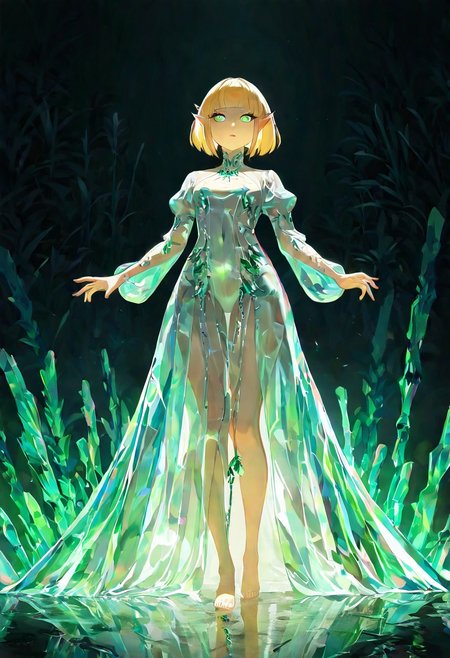 masterpiece, best quality, amazing quality, very aesthetic, absurdres, newest, 1girl,princess zelda, blunt bangs, blonde hair, bob cut, pointy ears, in the depths of a bioluminescent alien jungle, perfect eyes, [evangelion:cyberpunk edgerunners:0.5], reflective transparent emerald iridescent opaque clothing, long sleeves, flowing dress, long skirt, very aesthetic, highres, 4k, 8k, intricate detail, cinematic lighting, amazing quality, amazing shading, detailed Illustration, official artwork, wallpaper, official art, extremely detailed eyes and face, beautiful detailed eyes, from below, full body, thigh gap, BREAK <lora:ponyv4_noob1_2_adamW-000017:0.7000000000000001> <lora:USNR_STYLE_XL_lokr:0.45>