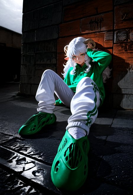 HDR, 8K, high contrast, masterpiece, best quality, amazing quality, very aesthetic, superabsurd res, high resolution, ultra-detailed, absurdres, newest, scenery, (horikoshi kouhei:0.3), (quasarcake:0.3), (wlop:0.3), light rays, chiaroscuro, dynamic angle, foreshortening, perspective, full body, foot focus, from above, wide angle, fisheye, 1girl, sheep girl, horns, fluffy hair, curly hair, big hair, long hair, white hair, green hoodie, oversized hoodie, white pants, f0am rvnners, green footwear, sitting, on the ground, outside, rain, overcast, hand on head, wall, reflection, backlighting, partially illuminated, Intricately designed, Mysterious Shadows, BREAK, photorealistic, beautiful detailed eyes, detailed skin, detailed hair, volumetric lighting, dappled light, light particles, dramatic shadows, cinematic lighting, photo background, depth of field, <lora:IL\touching_grass_v0.2:0.8> <lora:IL\KMS_Yeezy_Foam_Runners_IL-000019:1>