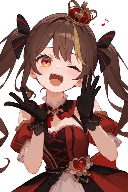 (score_9,score_8_up,score_7_up,),<lora:io1-000018:0.8>,bingtang quuen,brown hair,crown,black gloves,twintails,red dress,red eyes,heterochromia,streaked hair,yellow eyes,upper_body,heart,one eye closed,naughty_face,singing,