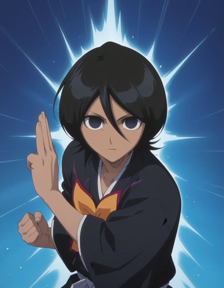 masterpiece, best quality,  <lora:Mind_Controlled_Rukia:1>, 4ukia, short hair, black hair, dark blue eyes, empty eyes, japanese clothes, upper body, fighting stance, palm,