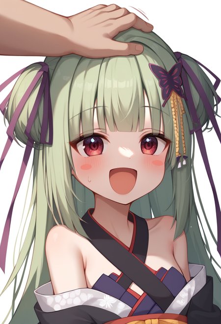 score_9,score_8_up,score_7_up,<lora:murasame_(senren)_pony:1>,bare_shoulders, murasame_\(senren\), commentary_request, long_ribbon, purple_ribbon, white_background, blush_stickers, 1other, hair_ribbon, criss-cross_halter, :d, 1girl, pom_pom_\(clothes\), happy, solo_focus, black_kimono, ^_^, headpat, simple_background, highres, motion_lines, absurdres, upper_body, blunt_ends, sidelocks, open_mouth
