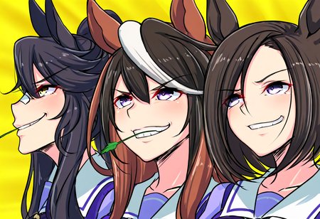 (masterpiece, high quality, amazing detail), highres, getter team pose meme, long hair, smile, short hair, multiple girls, black hair, animal ears, hair between eyes, school uniform, purple eyes, yellow eyes, white hair, japanese clothes, 3girls, sailor collar, grin, sketch, streaked hair, mouth hold, horse ears, high ponytail, horse girl, bandaid, yellow background, meme, bandaid on face, tracen school uniform, bandaid on nose, symboli rudolf (umamusume), air groove (umamusume), narita brian (umamusume),  <lora:getter_team_pose:1>