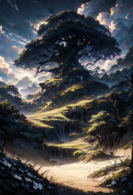 detailed landscape, great lighting, Sand beach, Vines are entwined around the giant tree, and small white flowers are blooming on the tree, beautiful view, mysterious glow, beautiful clouds, depth of field, masterpiece, best quality, 8k, ultra-detailed, very aesthetic, illustration, superb composition, finest details, intricate details, absurdres, high contrast, RAW, concept art,