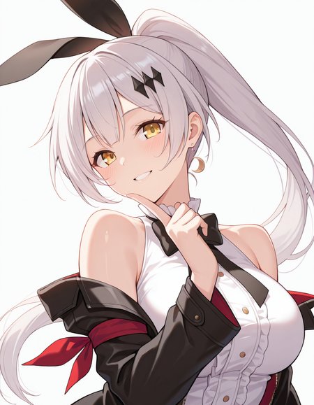 Volumetric Lighting, (masterpiece), (best quality), (ultra-detailed), masterpiece, source_anime, score_9, score_8_up, score_7_up BREAK, illustration, disheveled hair, detailed eyes, perfect composition, moist skin, intricate details BREAK, light depth, detailed face, detailed fingers, BREAK, five seven, long hair, white hair, ponytail, yellow eyes, 57 hair ribbon, 57 hair ornament, 57 crescent earrings, large breast BREAK, 57def, def sleeveless shirt, white shirt, def jacket, def arm ribbon,off shoulder jacket, single armband BREAK, ((white background)), smile, looking at viewer, upper body, ((face focused)), hand up, index finger raised