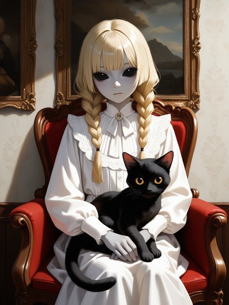 Best quality masterpiece  Amazing very aesthetic absurdres newest sharp beautiful emotional detailed, fine art parody,  embedding:my\ReaPnt1, painterly,  front view, 1girl,  androgynous, petite, grey alien, big head, monster girl, small body, very big eyes, grey skin, black eyes, black sclera, wig, blonde hair, hime cut, twin braids, (no ears:1.1), looking at viewer,  white shirt, lace trim,  victorian room, sitting on chair, elegant,  black cat sitting on lap,   <lora:SPOl_10ep_4k>